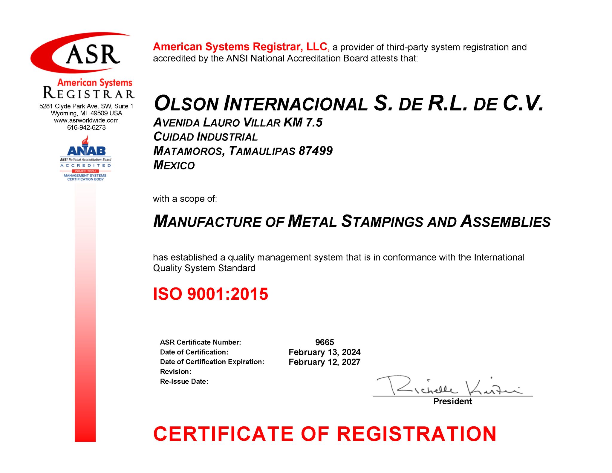 Matamoros ISO 14001:2015 Certificate