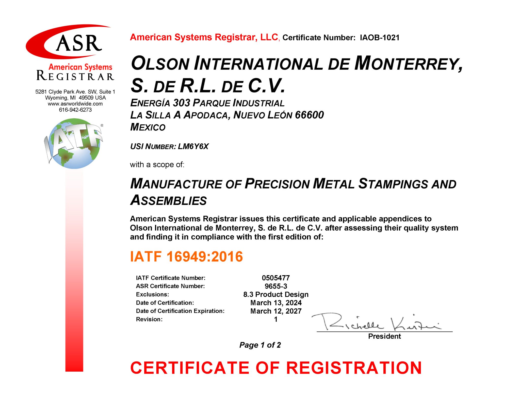 IMS Buhrke-Olson certificate of registration IATF 16949:2016