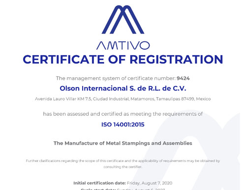 Matamoros ISO 14001:2015 Certificate