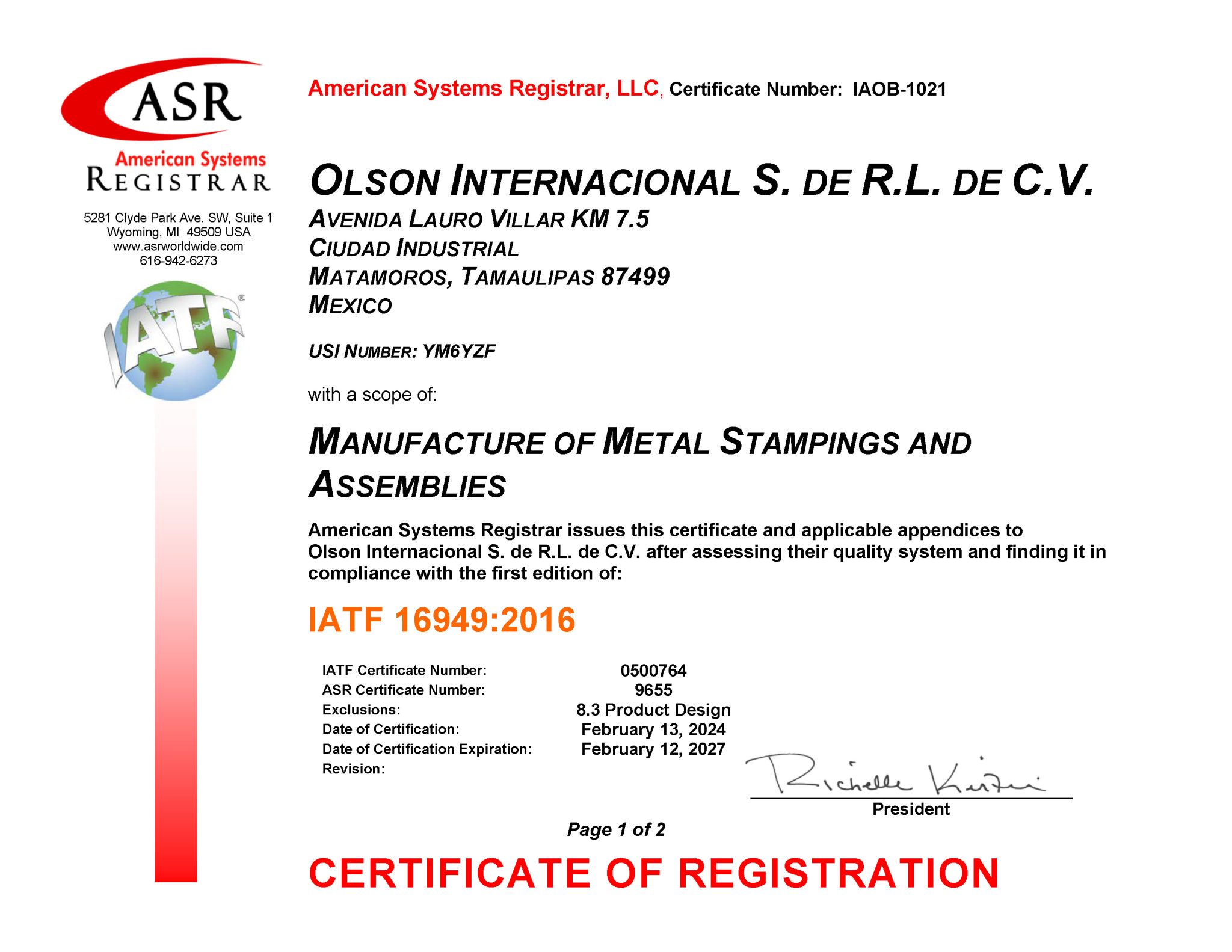 IMS Buhrke-Olson certificate of registration IATF 16949:2016