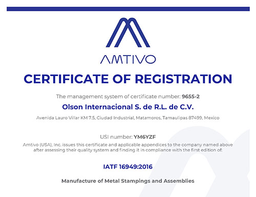 9655-2 Olson Internacional IATF Amtivo Certificate Rev 2 Jan 2025 IMS Buhrke-Olson certificate of registration IATF 16949:2016