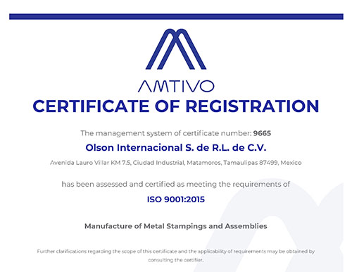 9665 Olson Internacional 9001 Amtivo Certificate Rev 1 Jan 2025 Matamoros ISO 14001:2015 Certificate