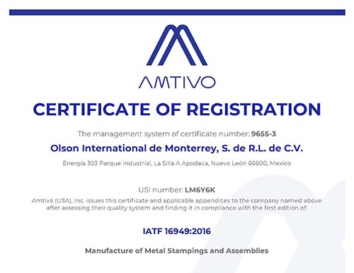 9655-3 Olson International de Monterrey IATF Amtivo Certificate Rev 3 Mar 2025_Page_1 IMS Buhrke-Olson certificate of registration IATF 16949:2016