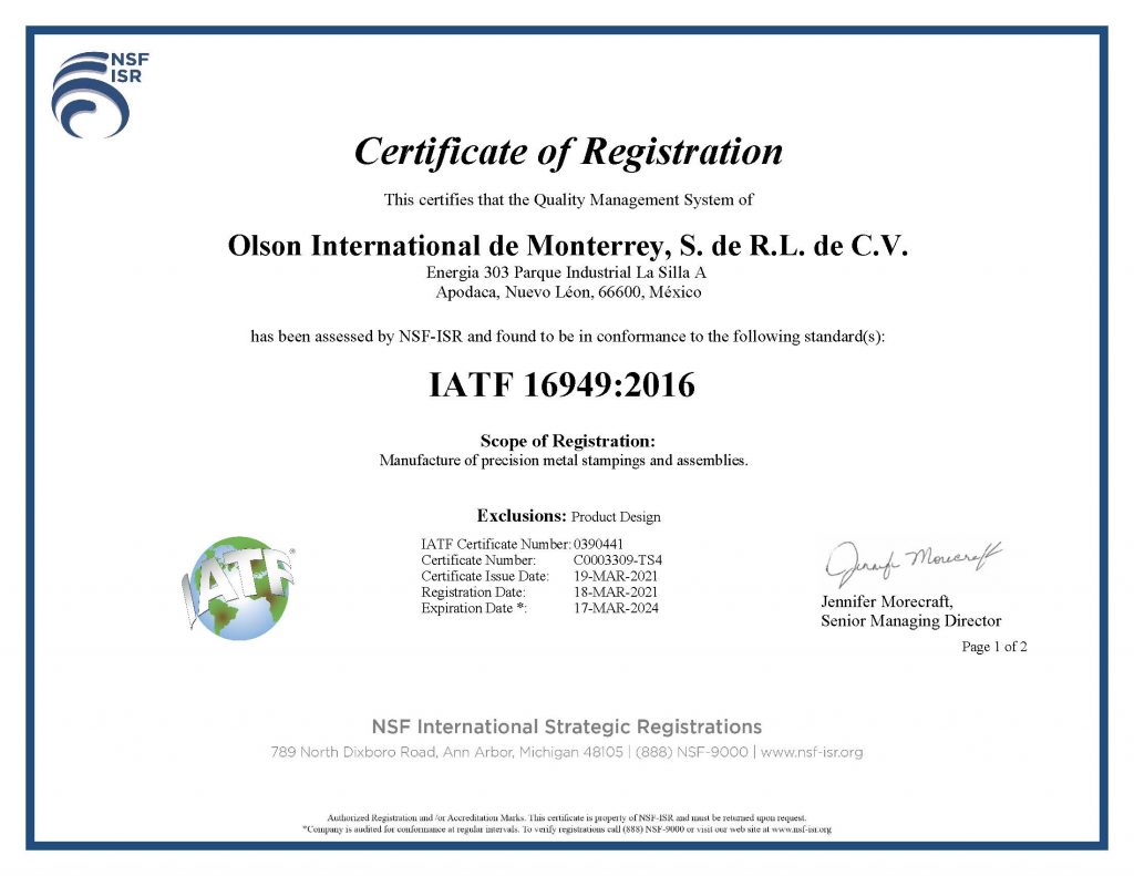 IMS Buhrke-Olson certificate of registration IATF 16949:2016