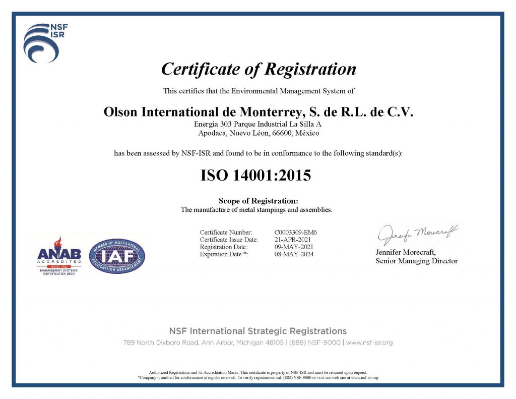 IMS Buhrke-Olson ISO 14001:2015 certified