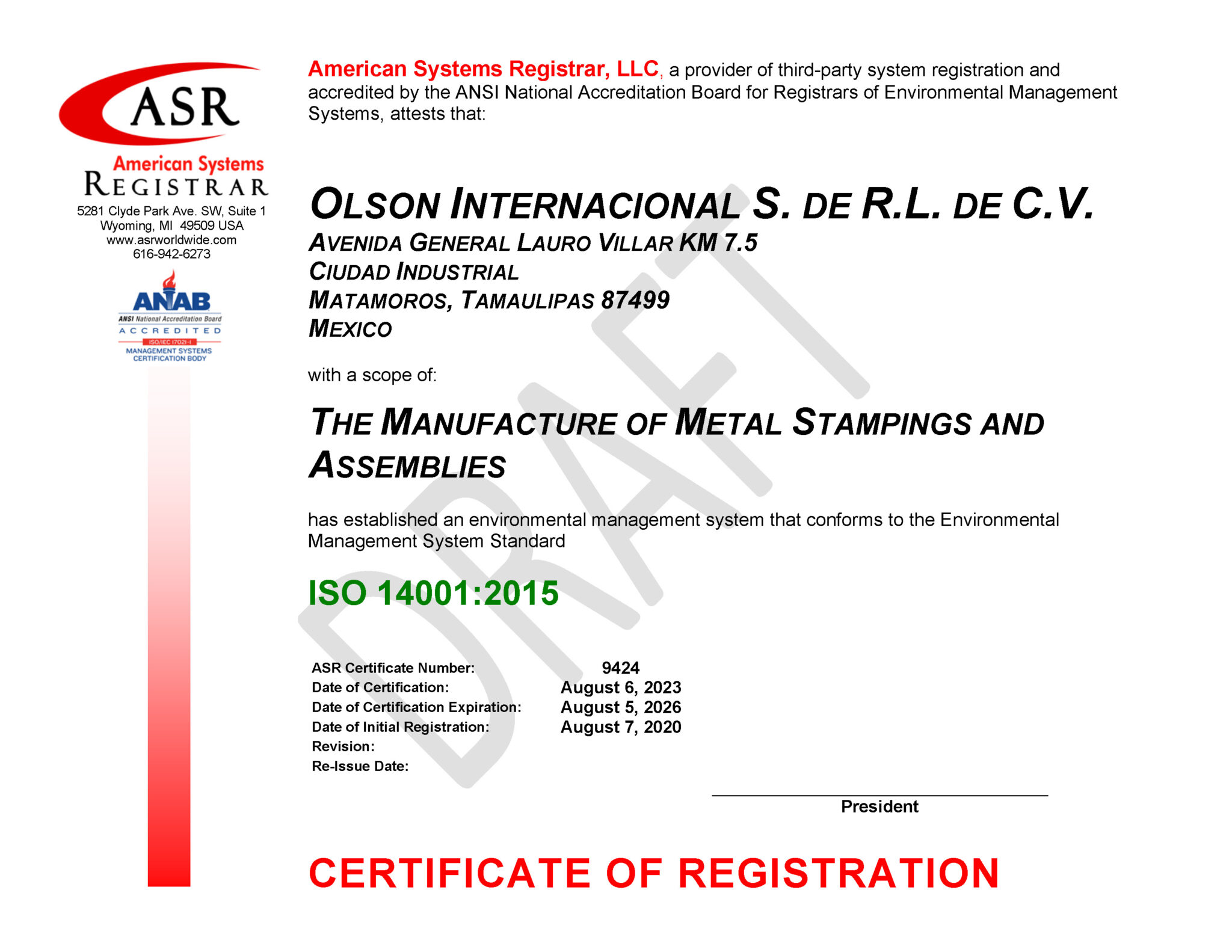 IMS Buhrke-Olson ISO 14001:2015 certified